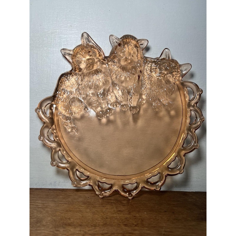 Westmoreland Glass Cat Plate 3 Kittens Rare Htf Pink 70s Depression Decor Core